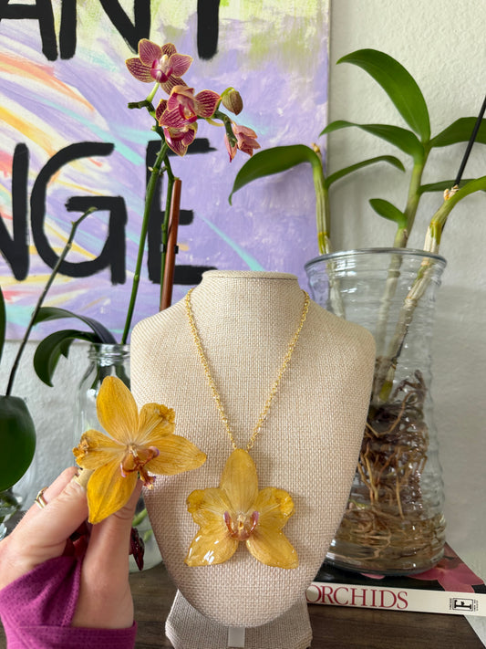 Yellow Orchid Necklace on Gold Chain