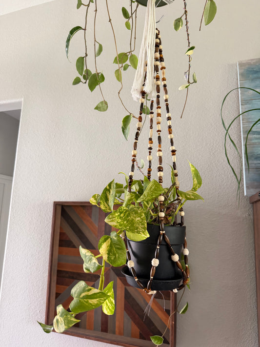 Earthy Wood Beaded Plant Hanger