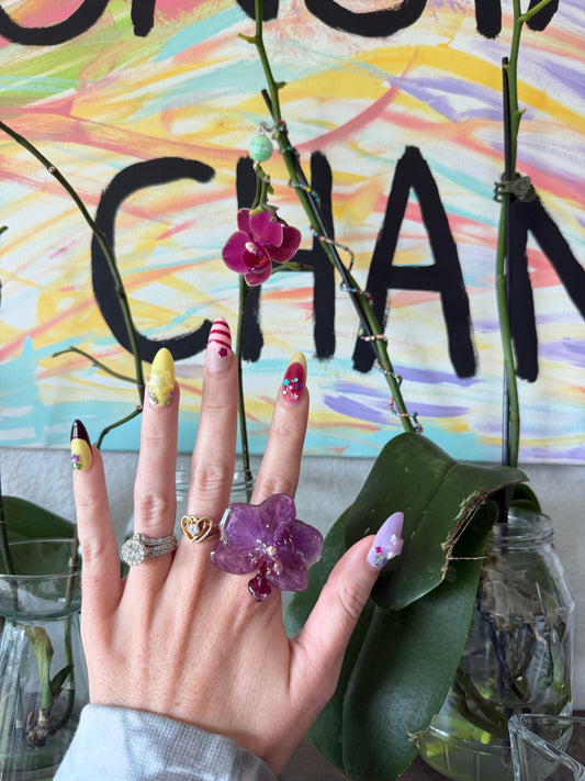Purple Orchid Bloom on Gold Stainless Steel Adjustable Ring