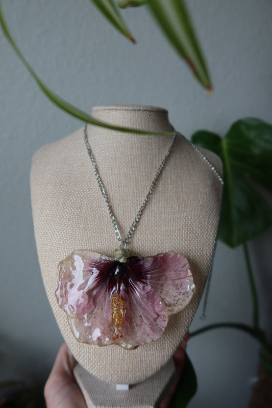 Butterfly Hibiscus Necklace on Silver Chain - Real Bloom Collection