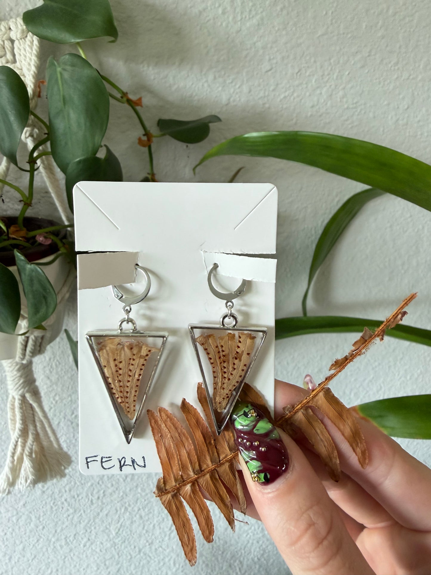 Fern Triangle Earrings in Silver Clamp Back