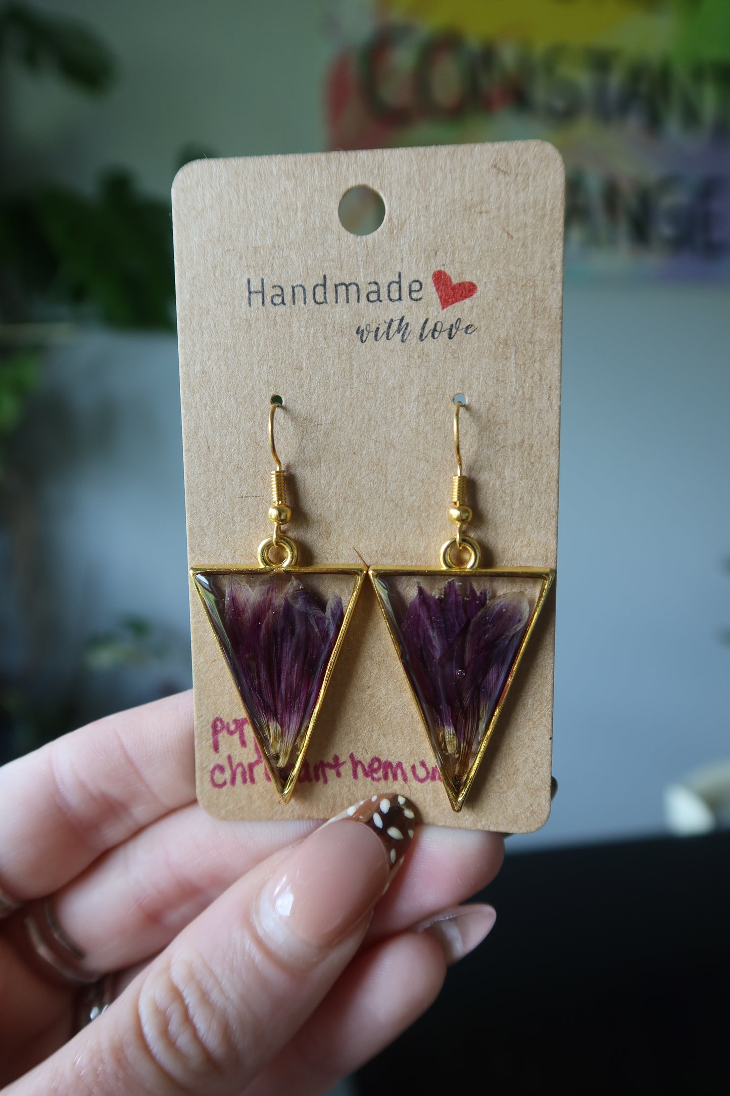 Purple Chrysanthemum Triangle Earrings