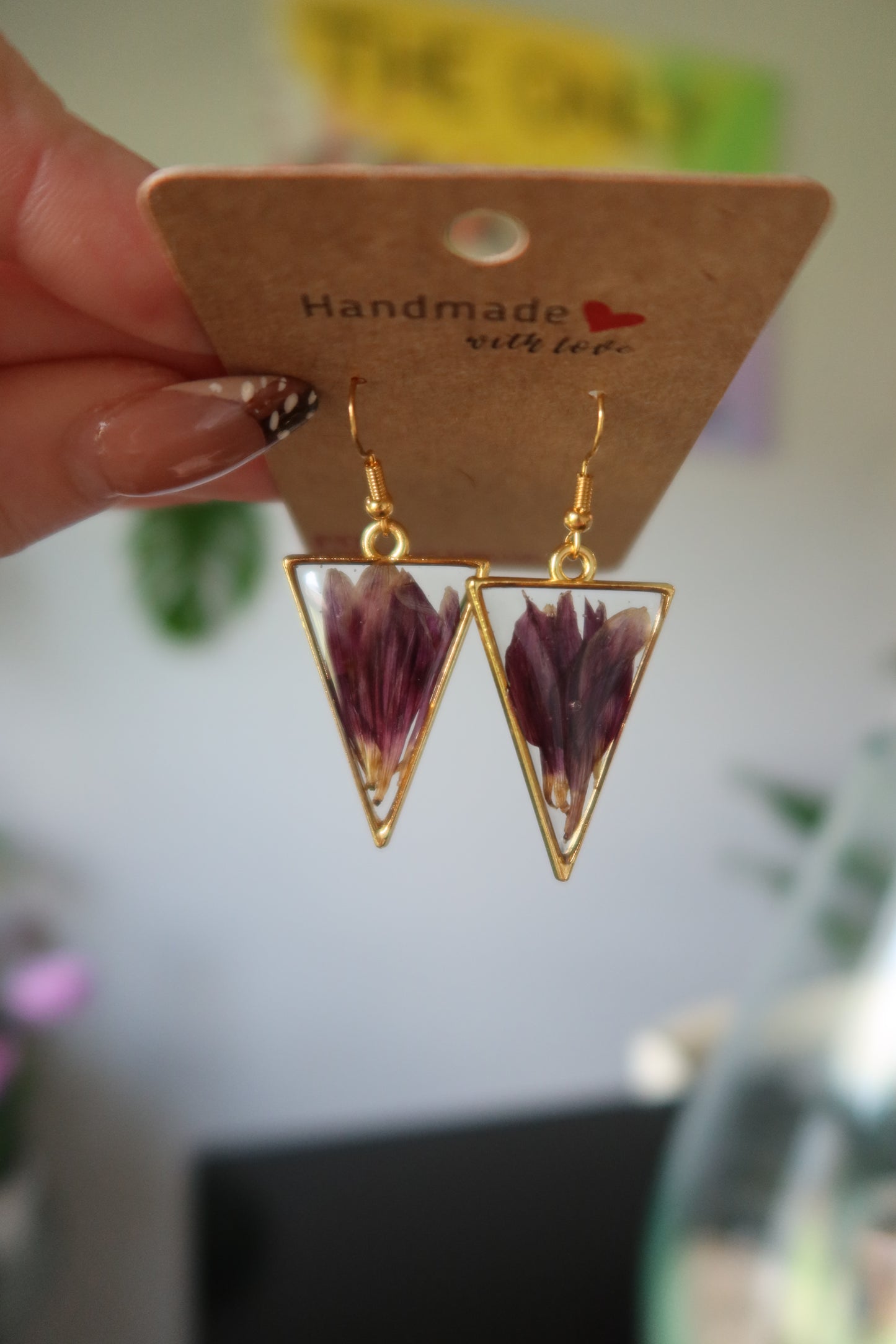 Purple Chrysanthemum Triangle Earrings