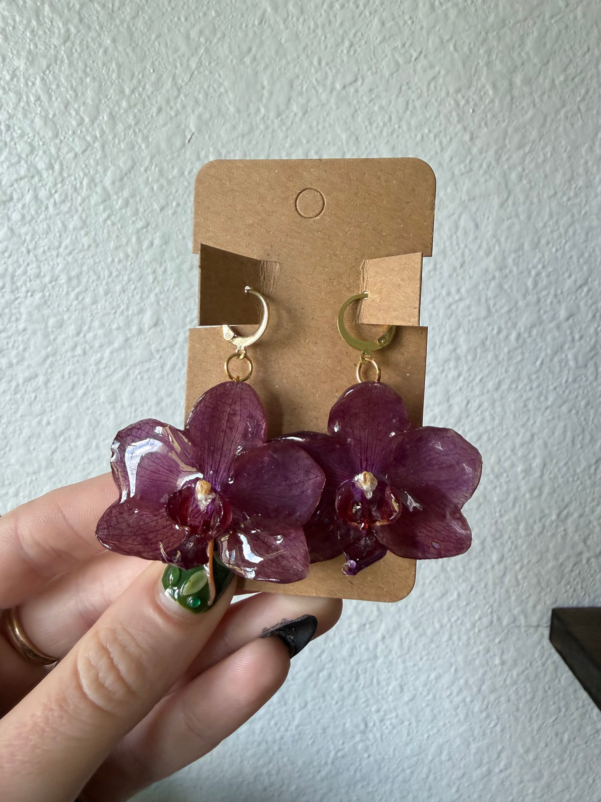 Deep Plum Orchid Earrings Gold