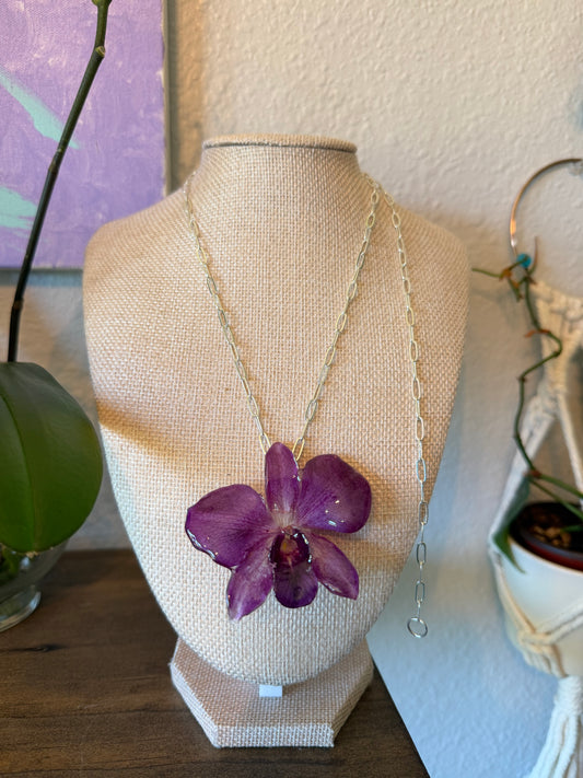 Purple Orchid Bloom Necklace Silver Chain