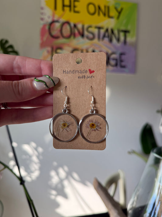 Silver Circle Daisy Bloom Earrings