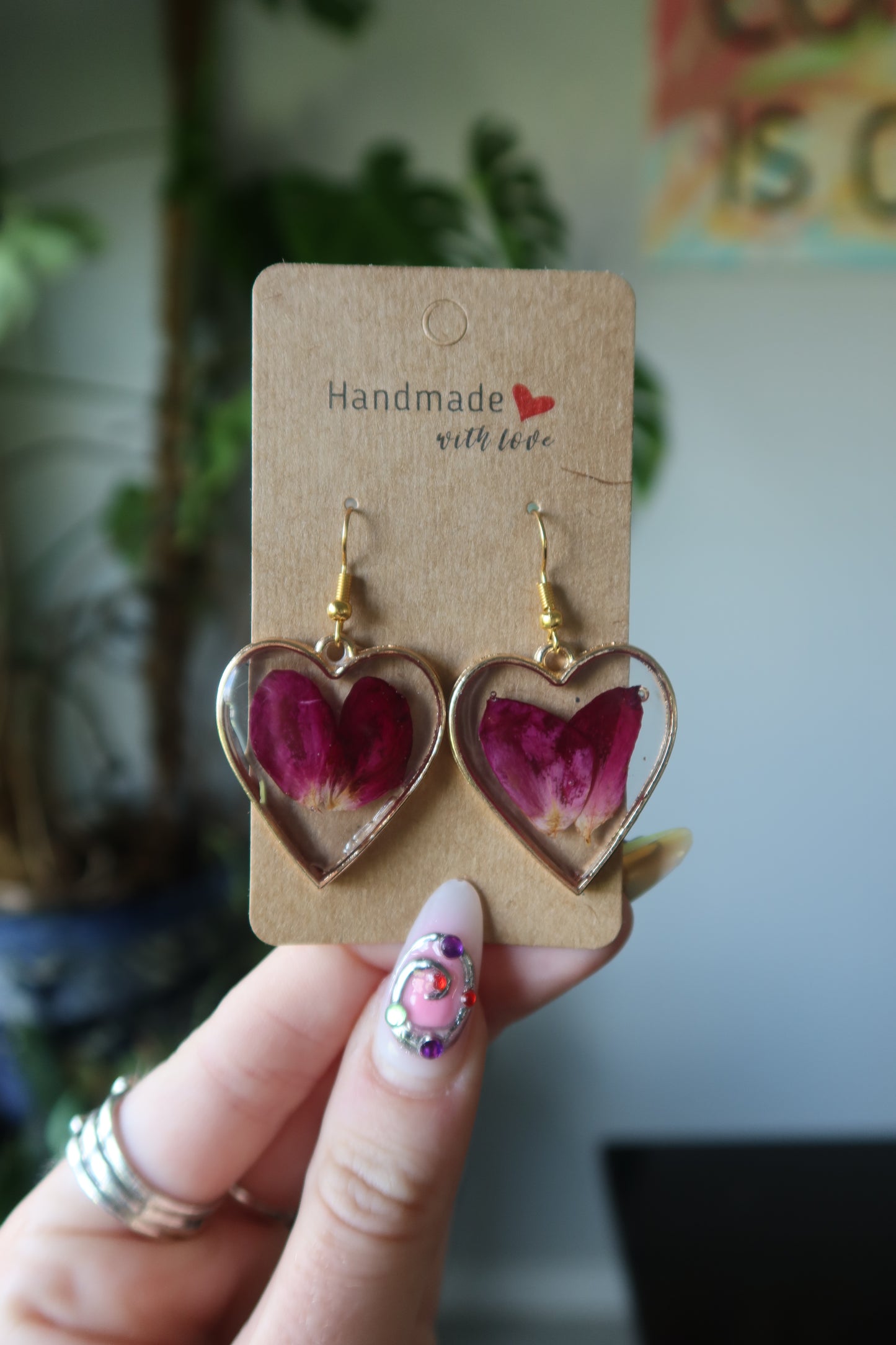 Gold Heart Rose Bloom Earrings