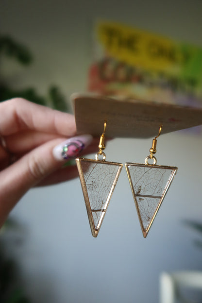 Skeleton Leaf Resin Earrings Gold Triangle