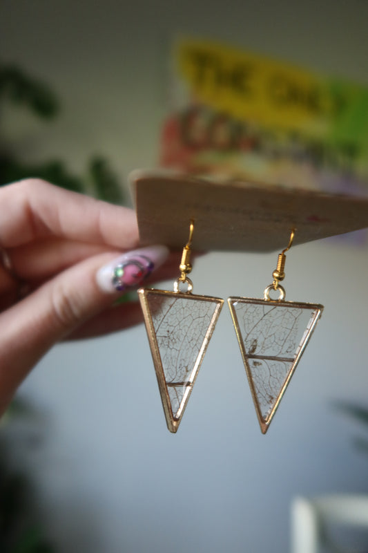 Skeleton Leaf Resin Earrings Gold Triangle