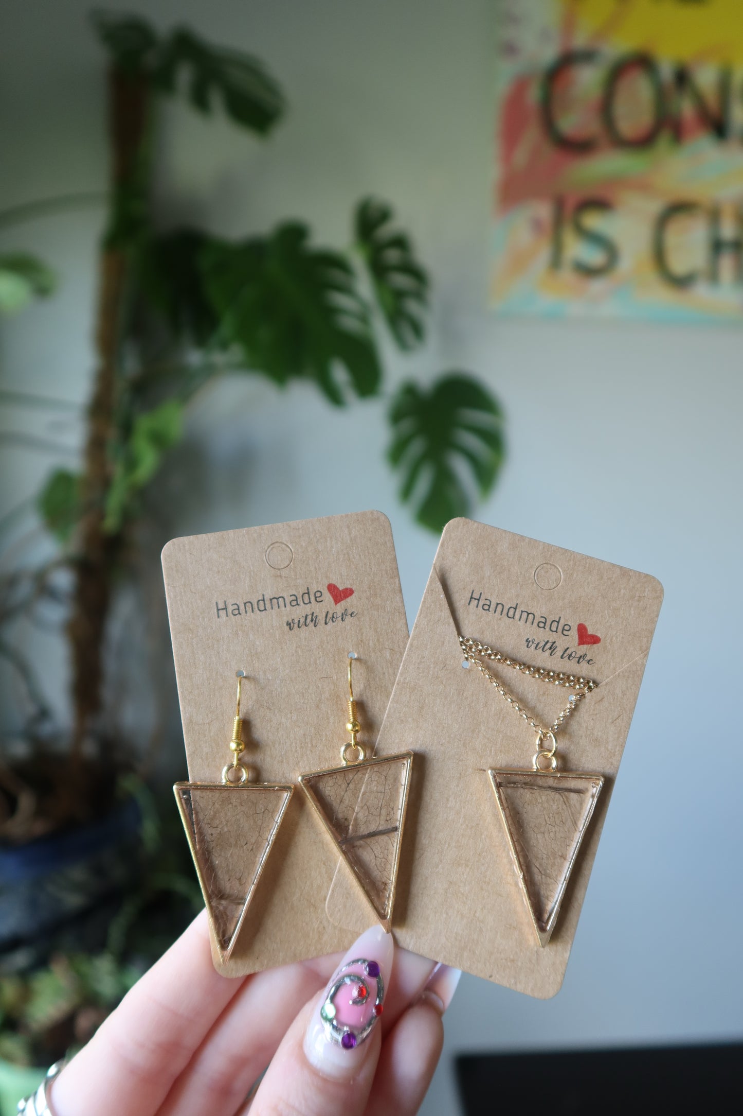 Skeleton Leaf Resin Earrings Gold Triangle