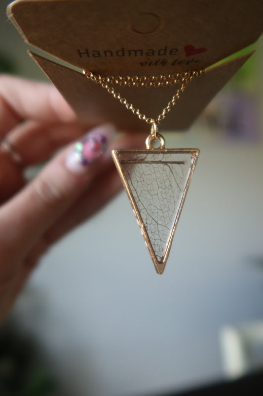 Skeleton Leaf Resin Necklace Gold Triangle