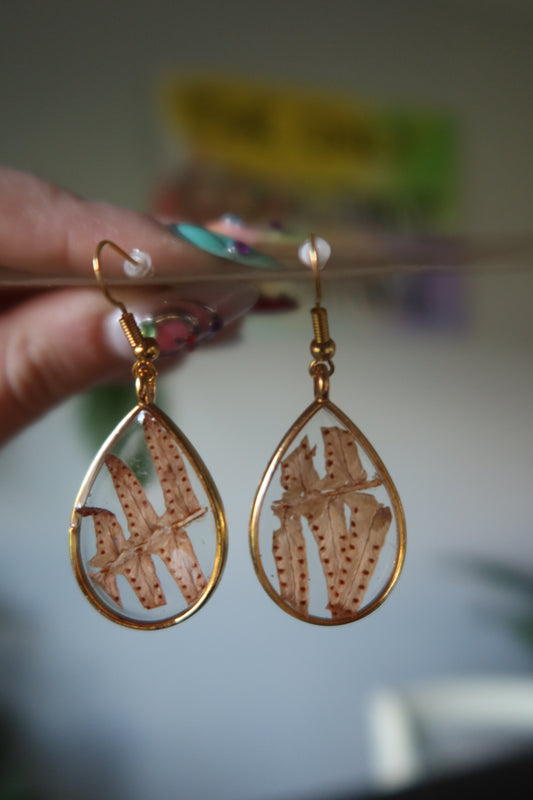 Fern Leaf Resin Earrings Gold Teardrop