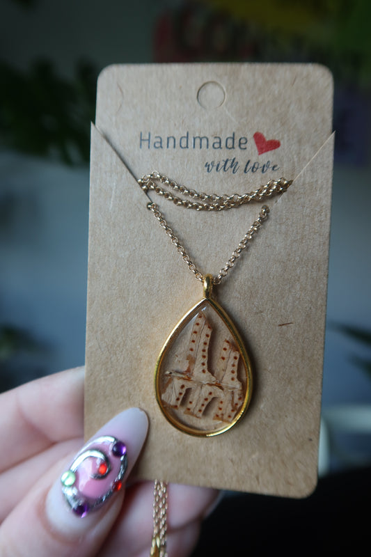 Fern Leaf Resin Necklace Gold Teardrop