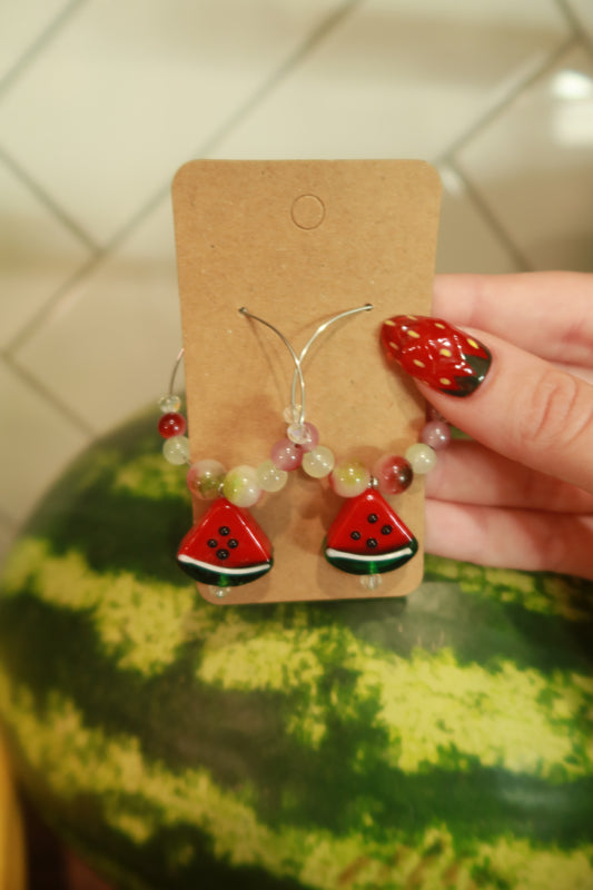 Watermelon Glass Charm Hoop Earrings – Snack Attack Collection