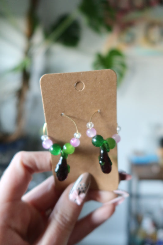 🍆 Eggplant Glass Charm Hoop Earrings – Harvest Collection