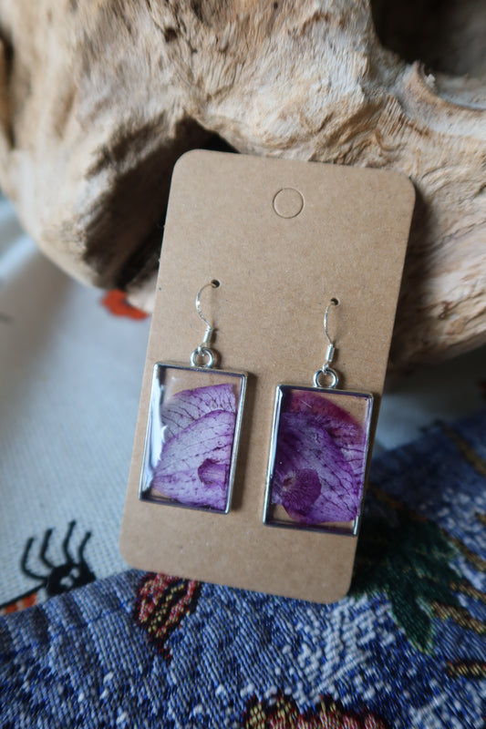 Silver Rectangle Purple Orchid Earrings