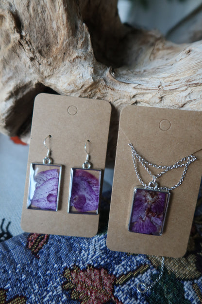 Silver Rectangle Purple Orchid Necklace