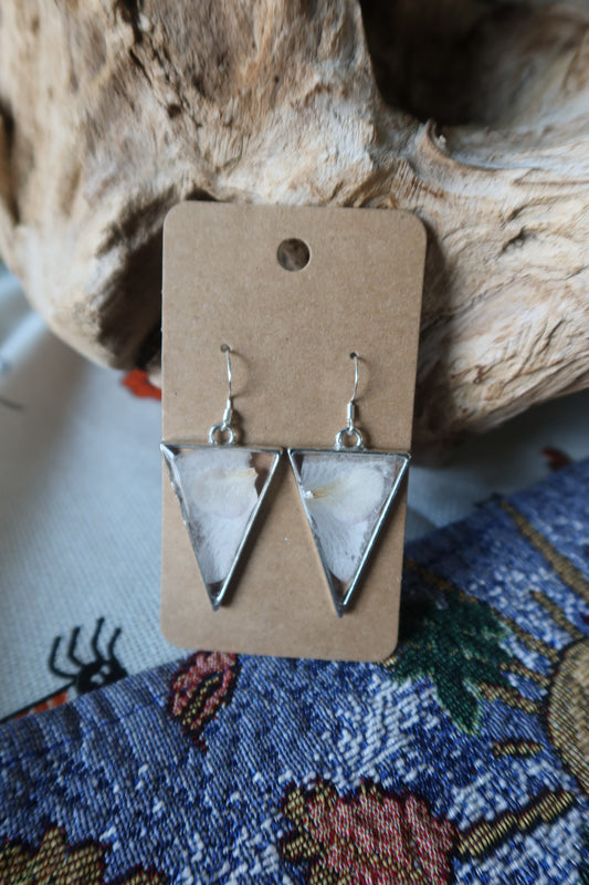 Silver Triangle White Orchid Earrings