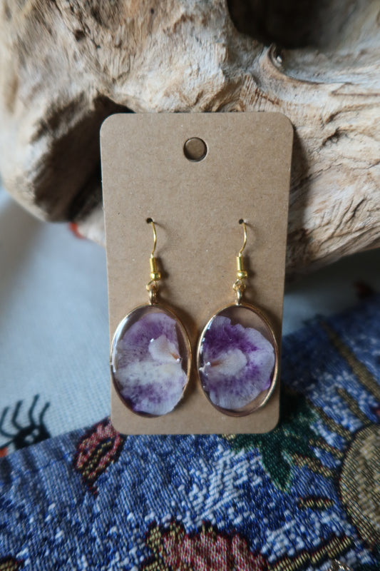 Gold Oval Purple Orchid Earrings