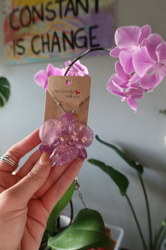 Purple Orchid Bloom Necklace Silver chain