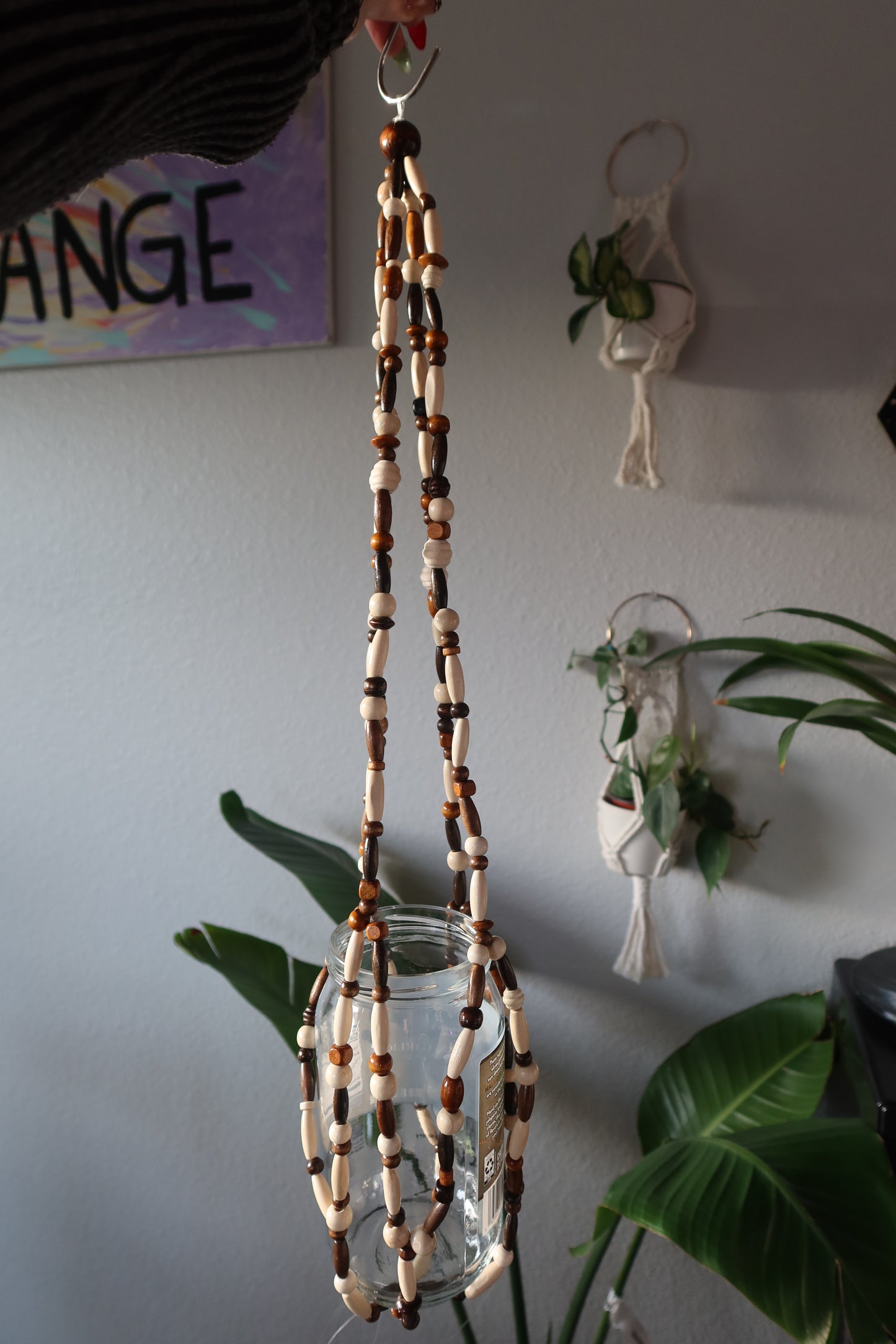 Earth Tones Wood Bead Plant Hanger - Dark