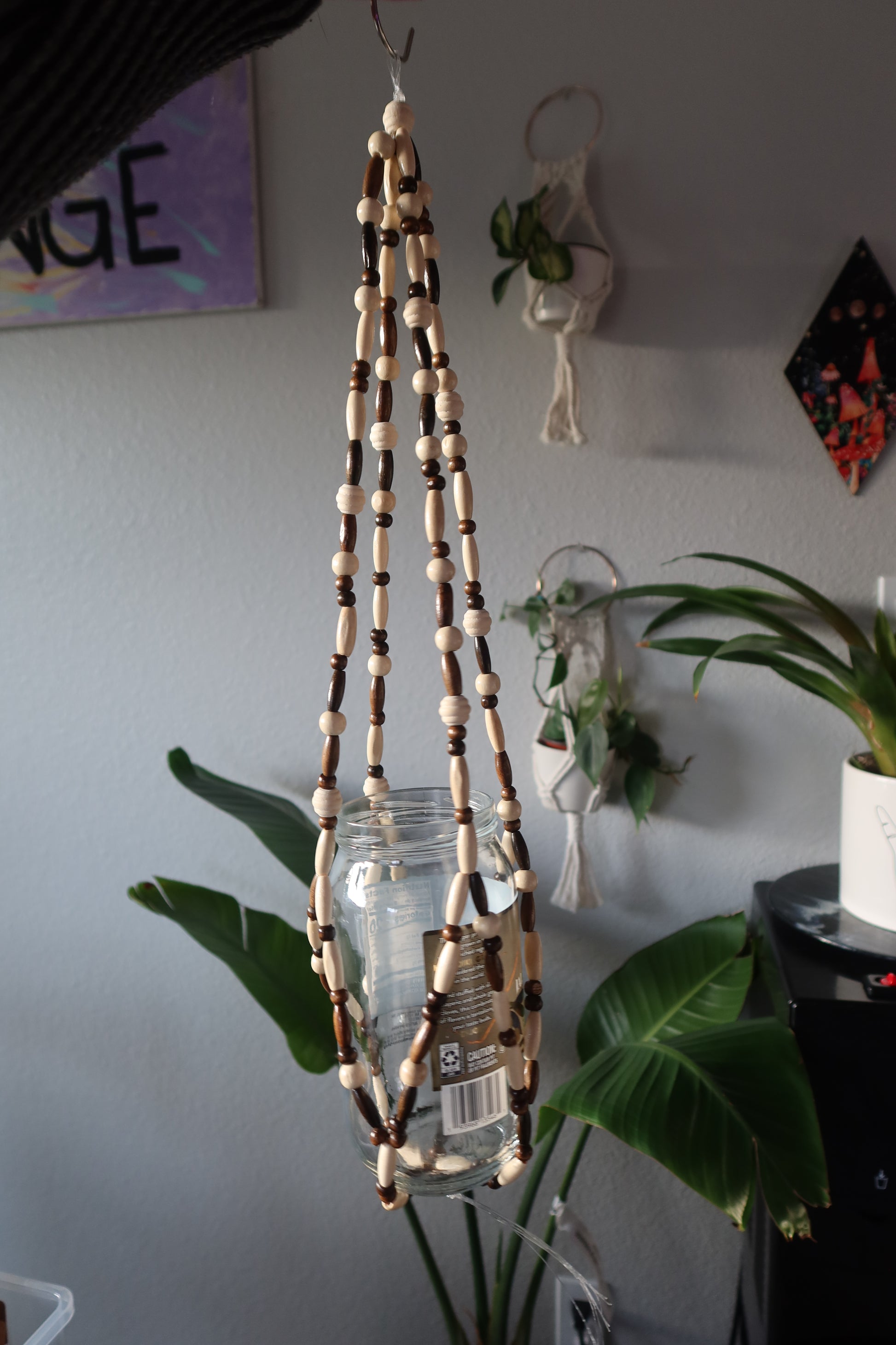 plant hanger with light Earth Tones Wood Bead Plant Hanger