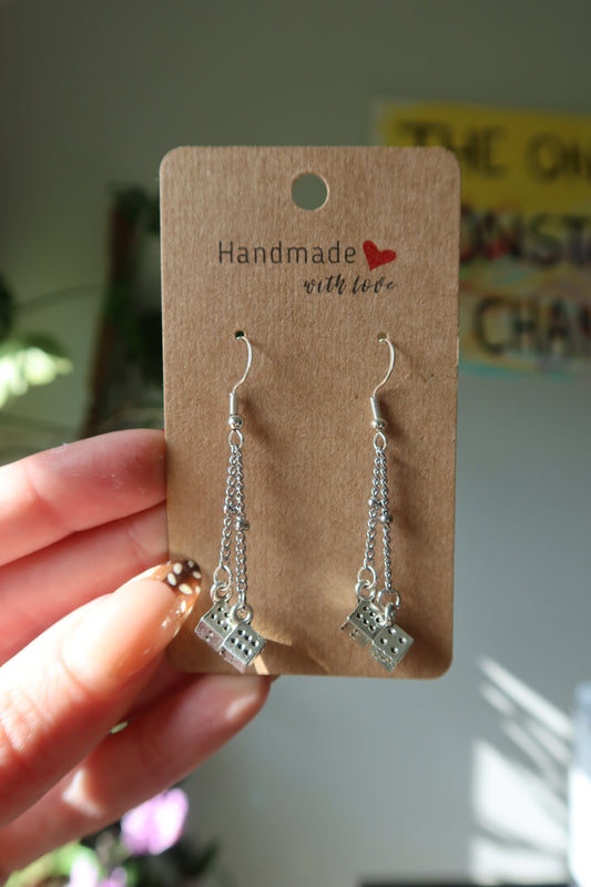 Silver Dice Chain Earrings